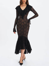 Exquisite Black Lace Ruffle Mermaid Maxi Dress